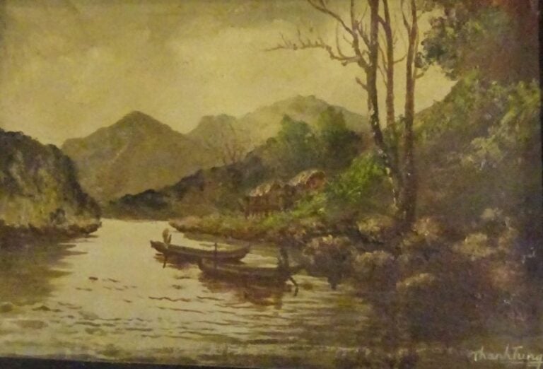 TRINH THANH TUNG (1942) - Personnages en bateau sur la rivière, près d'une mais…