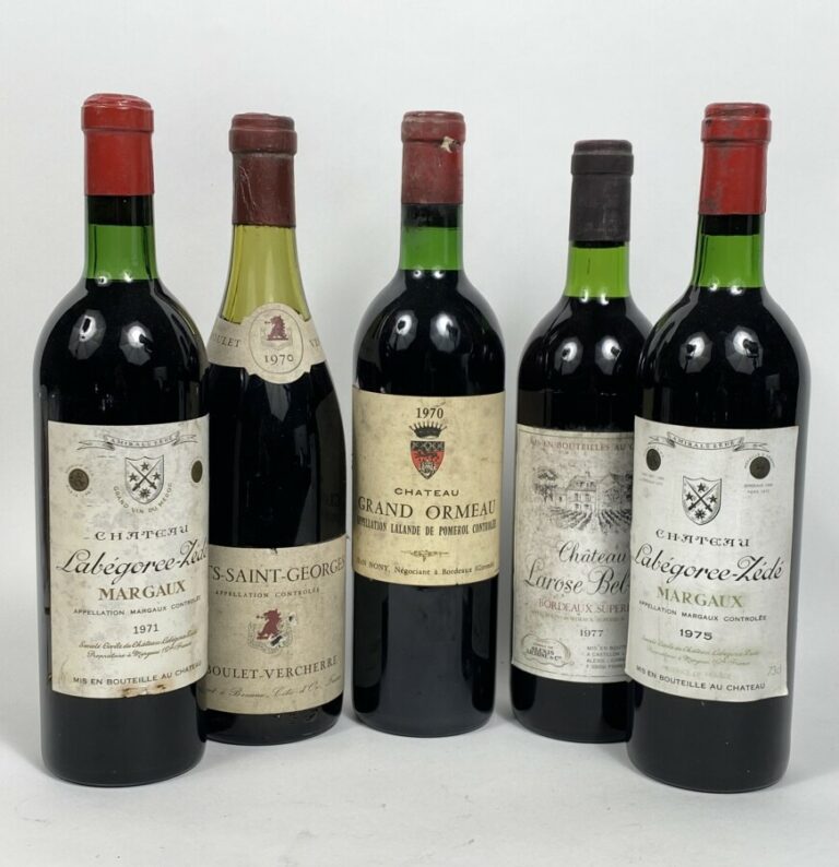 5 bts de vin :2 Ch. Labégorce Zédé , Margaux(1971, 1975), Ch. Grand Ormeau 70,…