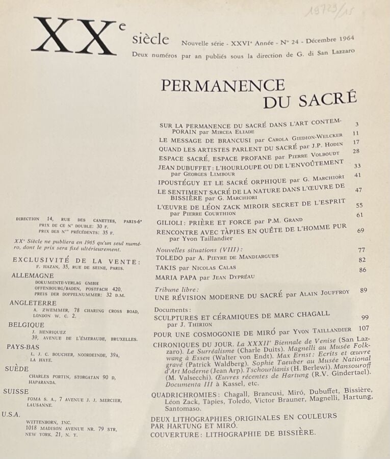 REVUE « XXème SIÉCLE » - Trois numéros : No 15 (XV), Noêl 1960, couverture illu…