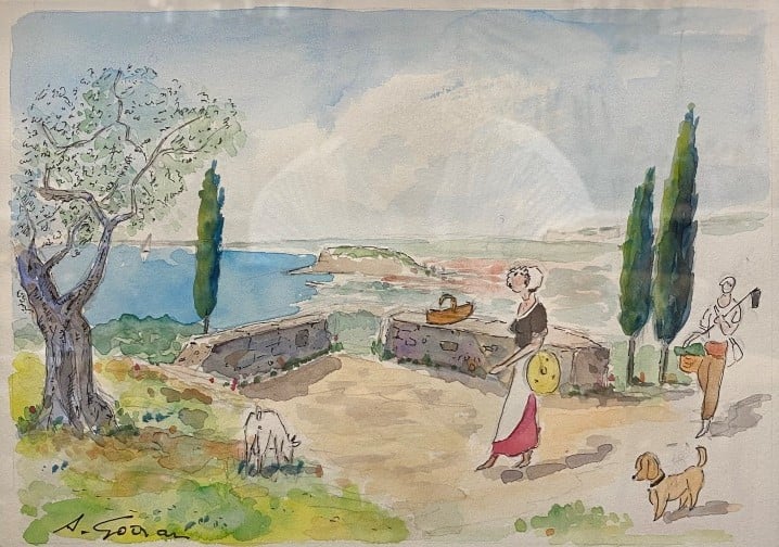 A. GOIRAN - Ensemble de trois tableaux comprenant - - Scène de baisers, aquarel…