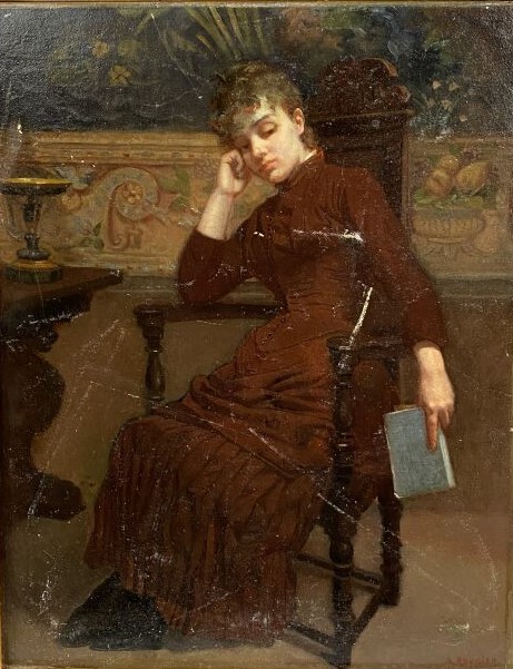 A. ROUGIER - Jeune femme assise dans un intérieur - Huile sur toile - Signée en…