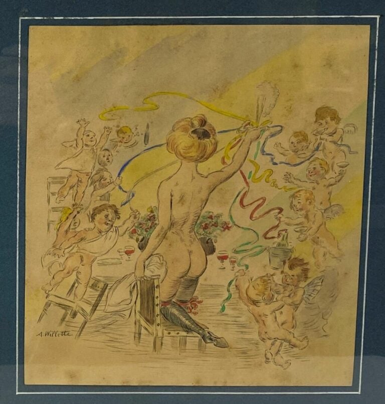 Adolphe WILLETTE (1857-1926) - Jeune femme et putti - Aquarelle et encre sur pa…