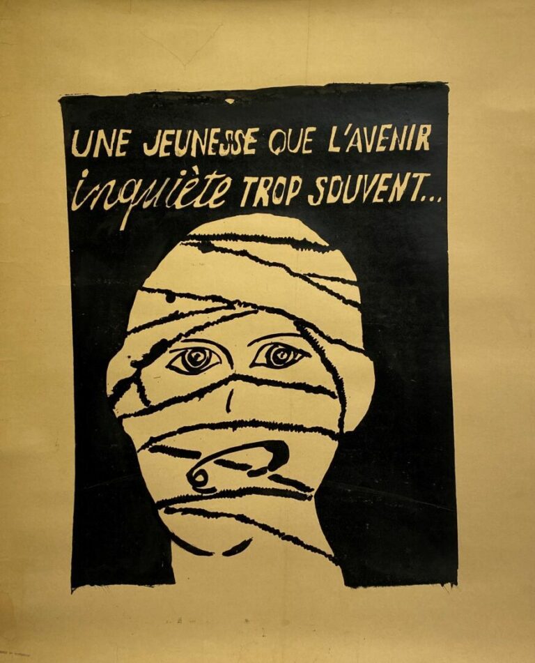 Affiche entoilée mai 68 "Une jeunesse que l'avenir inquiète trop souvent..." -…