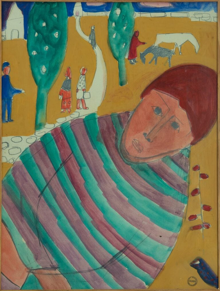Albert CHUBAC (1925-2008). - Homme au pull rayé dans un village - Dessin à l'aq…