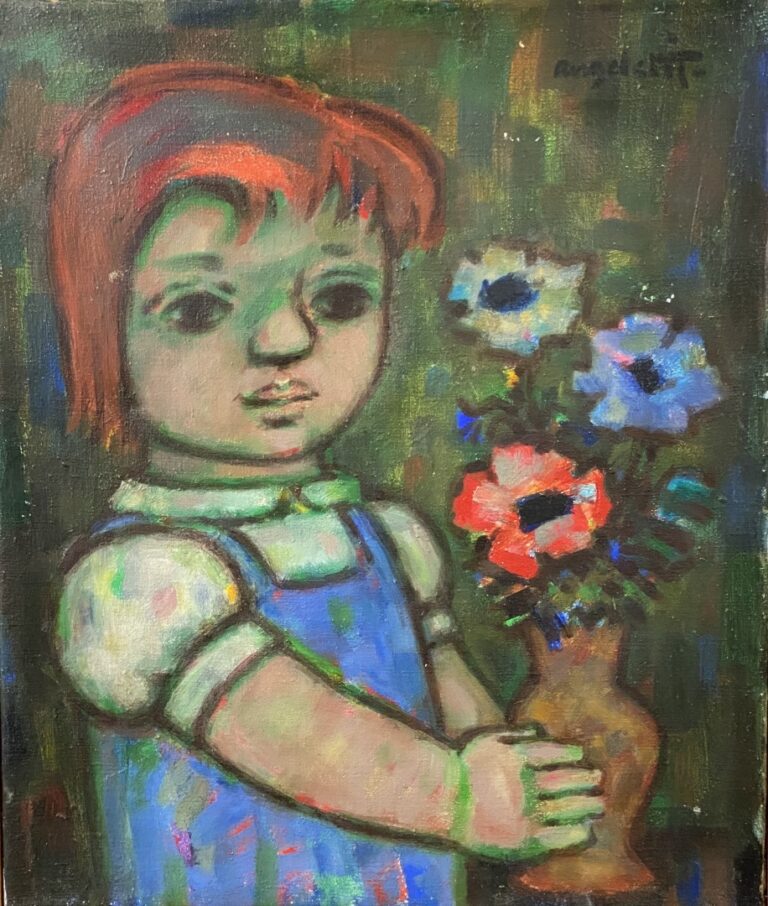 Alfred ANGELETTI (1919-1991) - Petite fille au bouquet - Huile sur toile, signé…