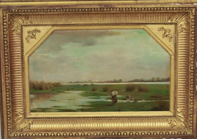 Alphonse PELLET (1853-1926) - Lavandières au bord d'un fleuve, 1886 - Huile sur…