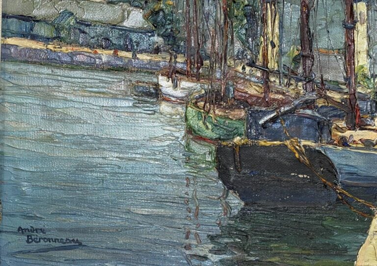 André BERONNEAU (1886-1973) - Goelettes islandaises au port. Paimpol - Huile su…