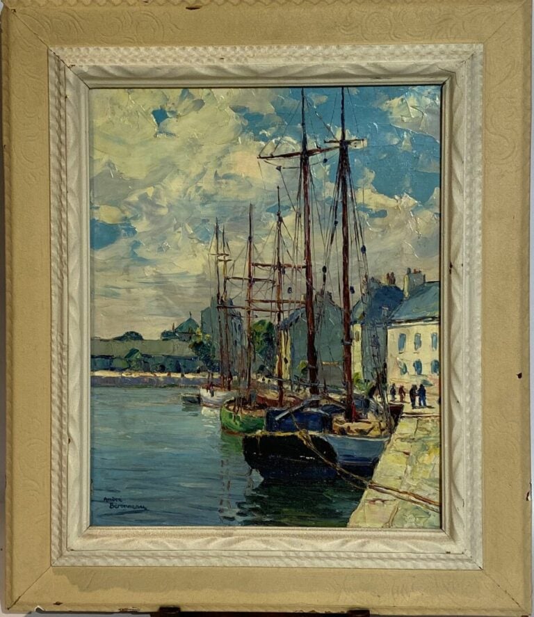 André BERONNEAU (1886-1973) - Goelettes islandaises au port. Paimpol - Huile su…
