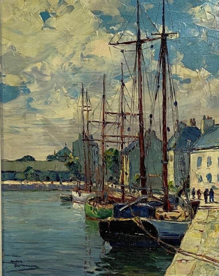 André BERONNEAU (1886-1973) - Goelettes islandaises au port. Paimpol - Huile su…
