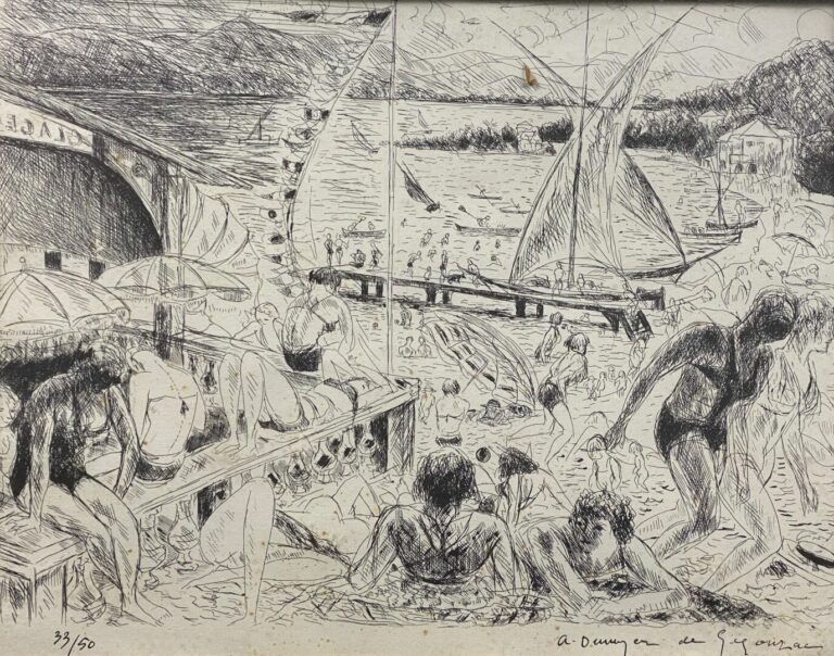 André DUNOYER DE SEGONZAC (1884-1974) - Scène animée sur la plage - Lithographi…