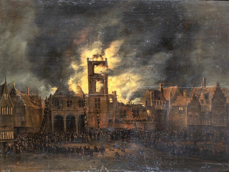 Anthonie BORSSOM (Amsterdam 1630 - 1677) - Delft : l'incendie de la mairie le 4…