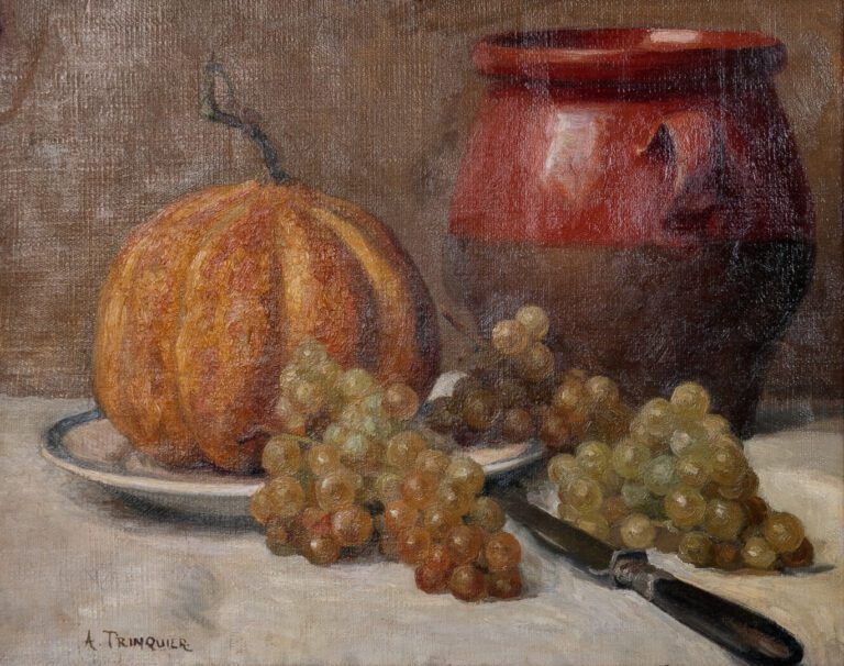 Antoine TRINQUIER (1833-?) - Nature morte à la citrouille et grappes de raisins…
