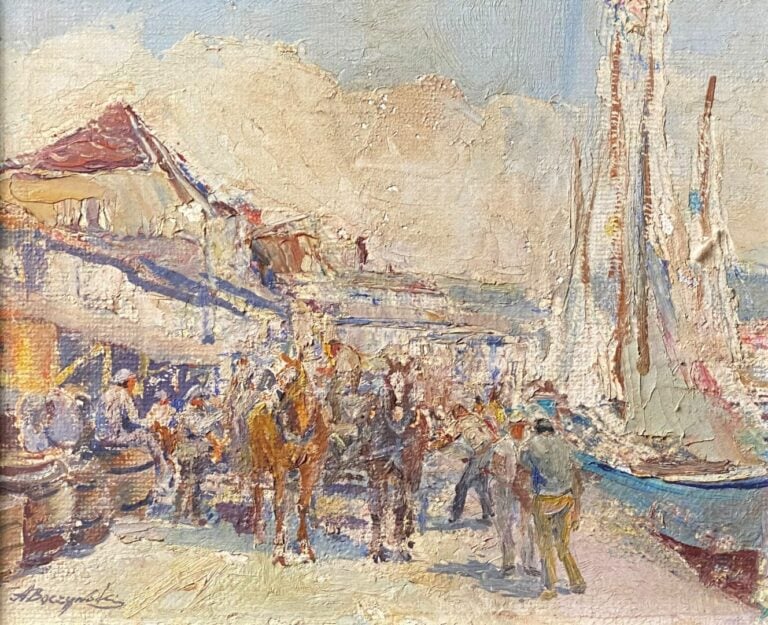 Antoni BOCZYNSKI (Pologne, 1907-1979) - Le port de pêche - Huile sur panneau, s…