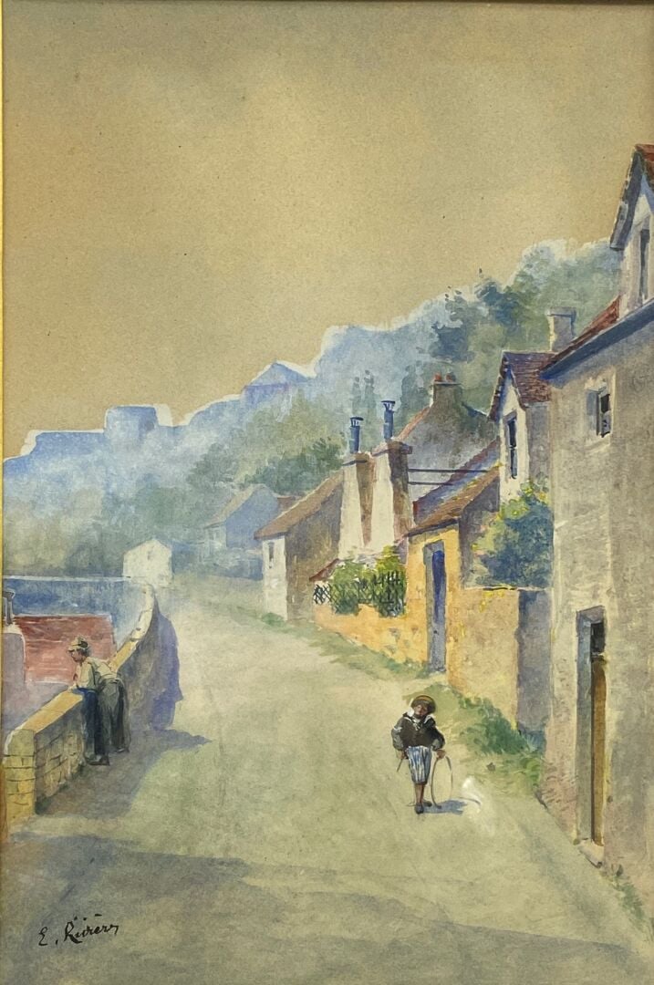 Aquarelle sur papier Scène animée dans une rue et huile sur toile Vue de port (…
