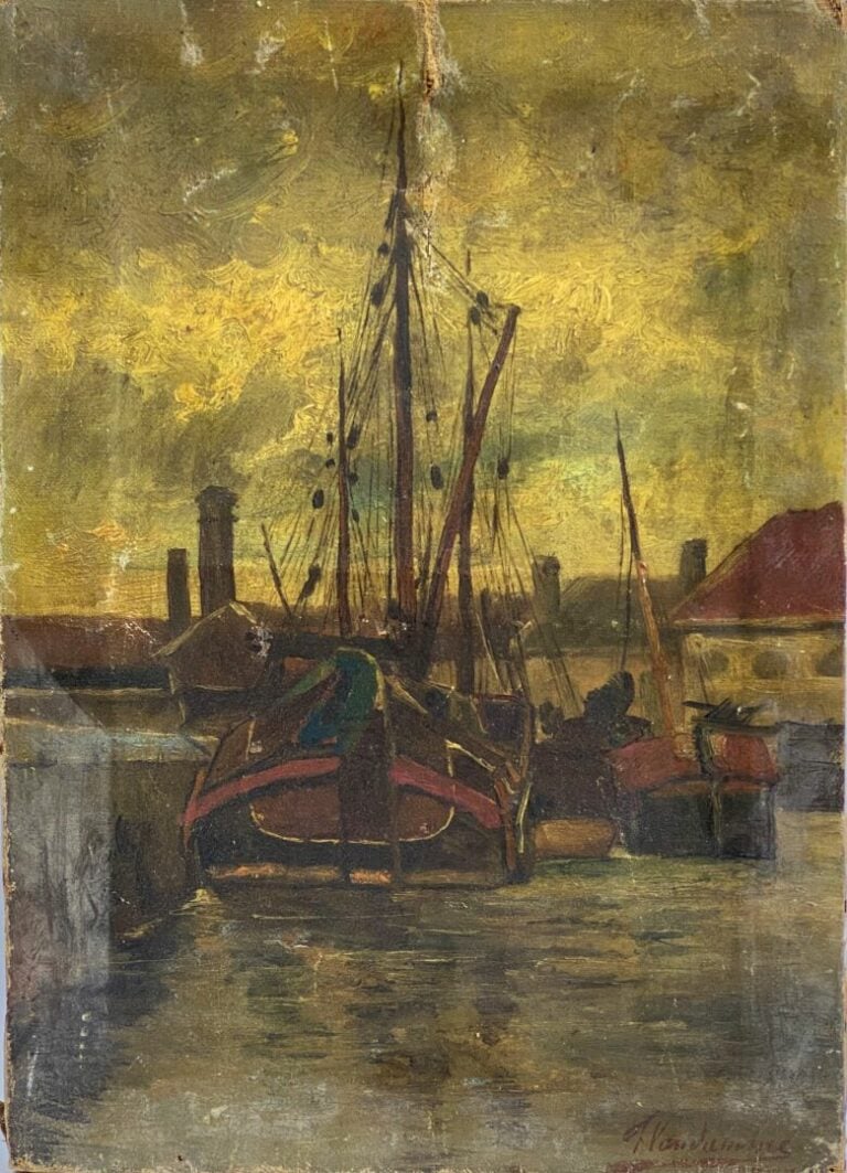 Aquarelle sur papier Scène animée dans une rue et huile sur toile Vue de port (…
