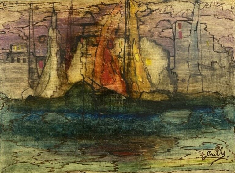 ARCHIGUILLE (1932-2017) - Bateaux de pêche - Huile sur toile, signée en bas à d…