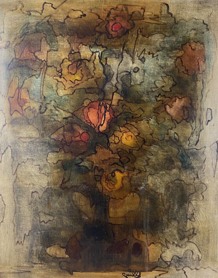 ARCHIGUILLE (1932-2017) - Fleurs dans les ténèbres - Huile sur toile, signée en…