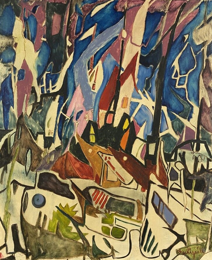 ARCHIGUILLE (1932-2017) - Le feu au village - Huile sur toile, signée en bas à…