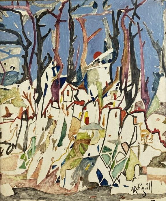 ARCHIGUILLE (1932-2017) - Le village dans la forêt - Huile sur toile, signée en…