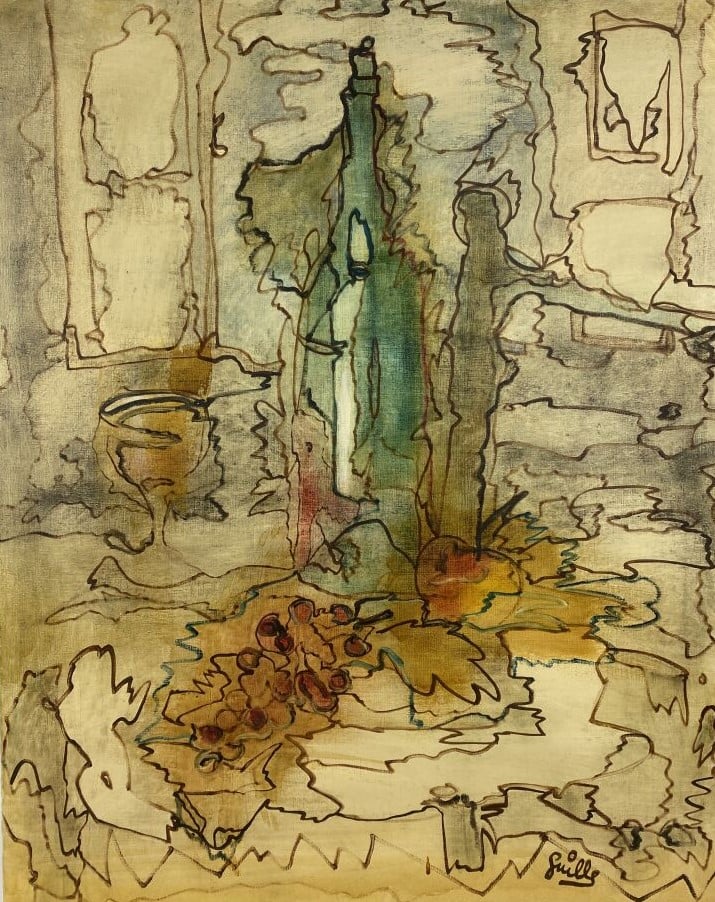 ARCHIGUILLE (1932-2017) - Nature morte bouteille et pommes - Huile sur toile, s…