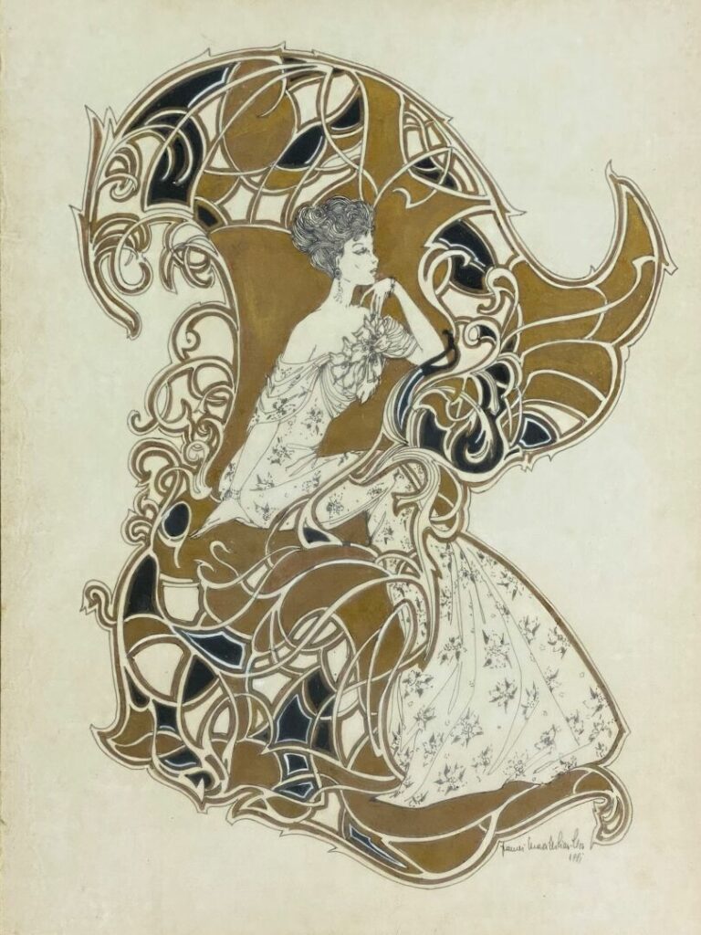 Art Déco - Femme à la robe fleurie - Technique mixte sur papier - Signée en bas…
