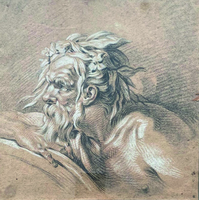 Atelier de François BOUCHER - Etude de dieu fleuve - Trois crayons - 23,7 x 23,…