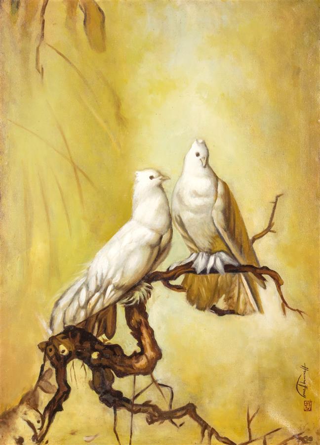 Attribué à Fong HUANG (Malaysie, 1936-2004) - Couple d'oiseaux blancs sur une b…