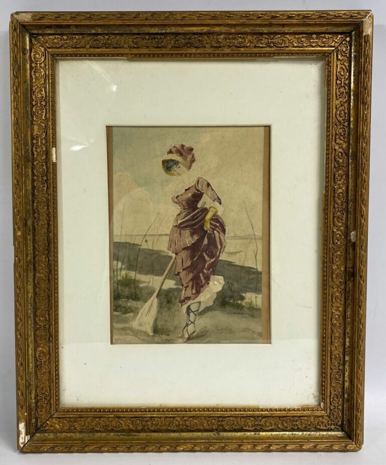 Attribué à Léon Joseph VOIRIN (1833-1887) - Femme à l'épuisette - Aquarelle sur…