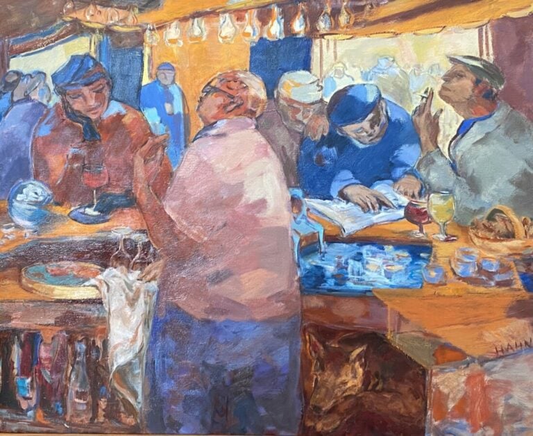 Au bar - Huile sur toile, signée en bas à droite, titrée au dos - 73 x 92 cm