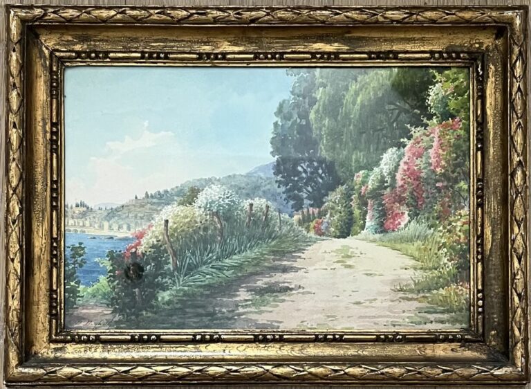 B.RIGHETTY - Chemin côtier fleuri - Aquarelle, signée en bas à gauche - 25 x 38…
