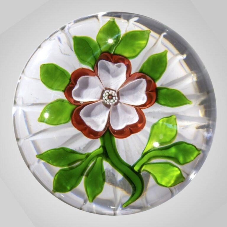 Baccarat. Presse-papiers orné d'une églantine blanche et rose à cinq pétales co…