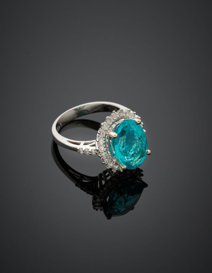 BAGUE en or gris (750‰) serti d'une apatite pesant 5,06 carats, de forme ovale,…