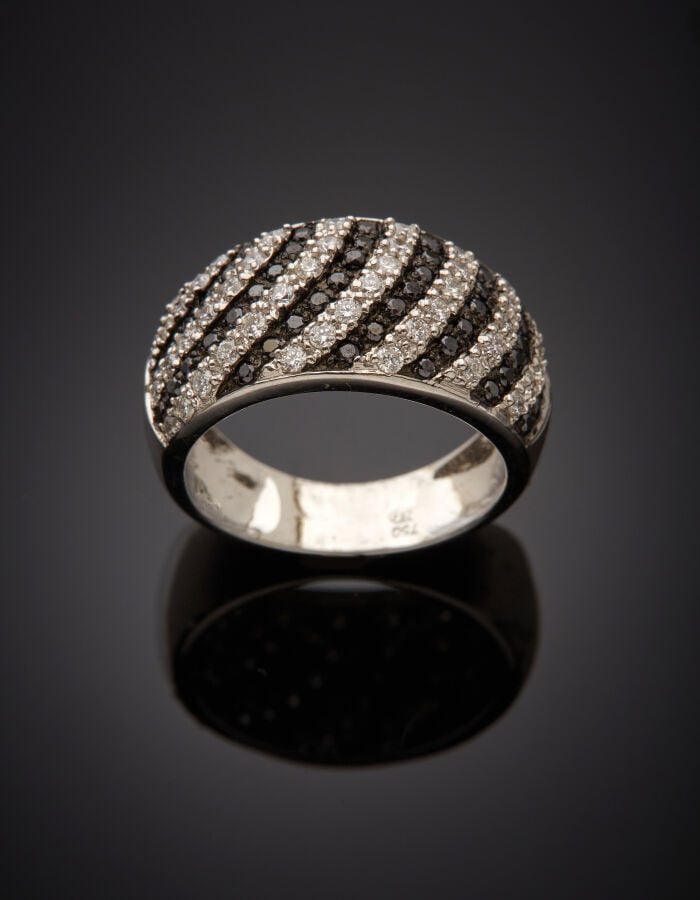 BAGUE « jonc » bombée en or gris et or noirci (750‰) serti de seize alignements…