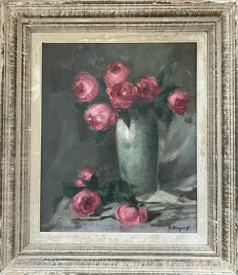 BERGERET - Vase de roses - Huile sur toile, signée en bas à droite - 46 x 38 cm…