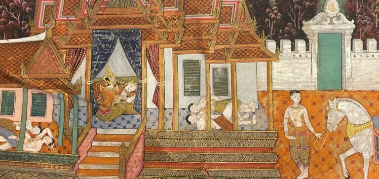 BIRMANIE - TANGKA / Gouache sur tissu représentant une scène de palais au premi…