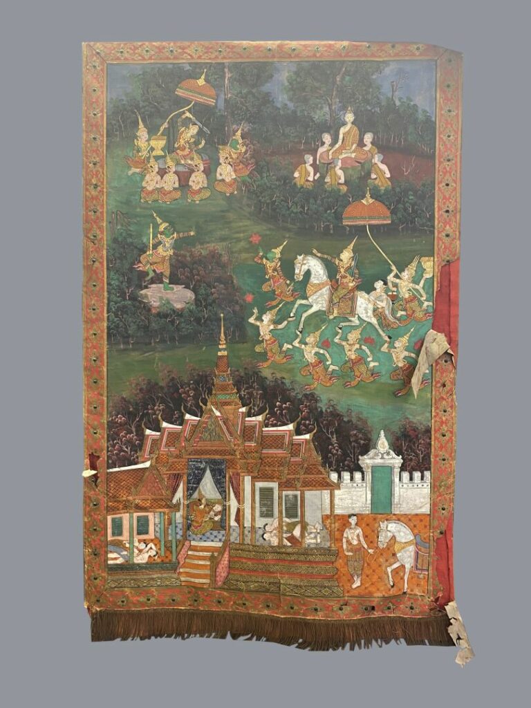 BIRMANIE - TANGKA / Gouache sur tissu représentant une scène de palais au premi…