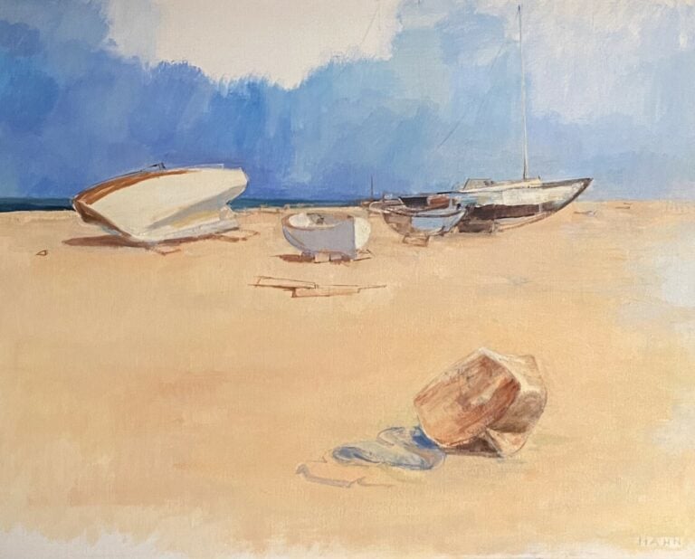 Bord de mer : bateaux sur la plage - Huile sur toile, signée en bas à gauche, c…