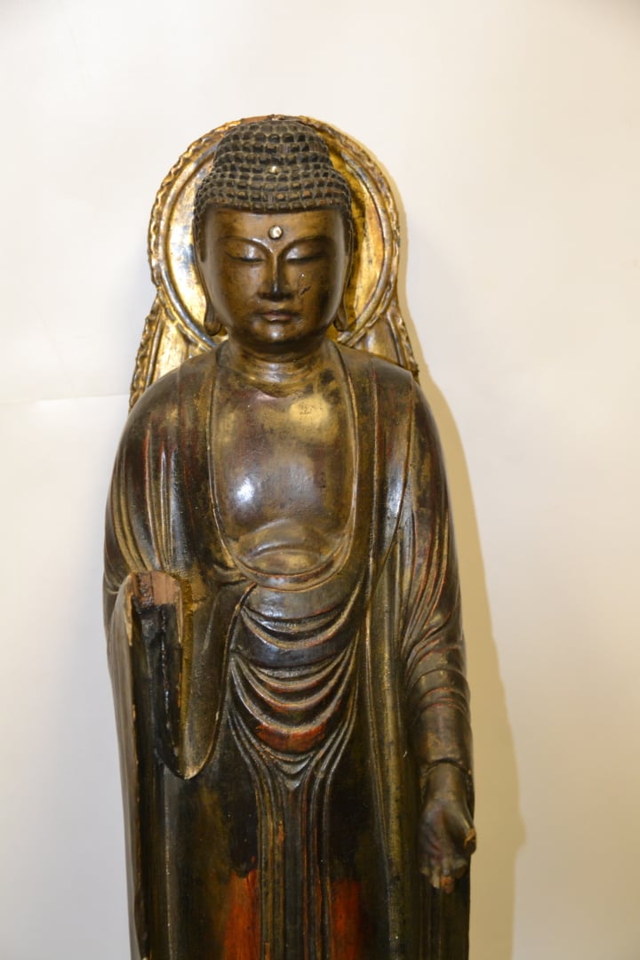 BOUDDHA EN BOIS POLYCHROME - Japon, XVIIIe - Amida Noyrai en bois laqué à patin…