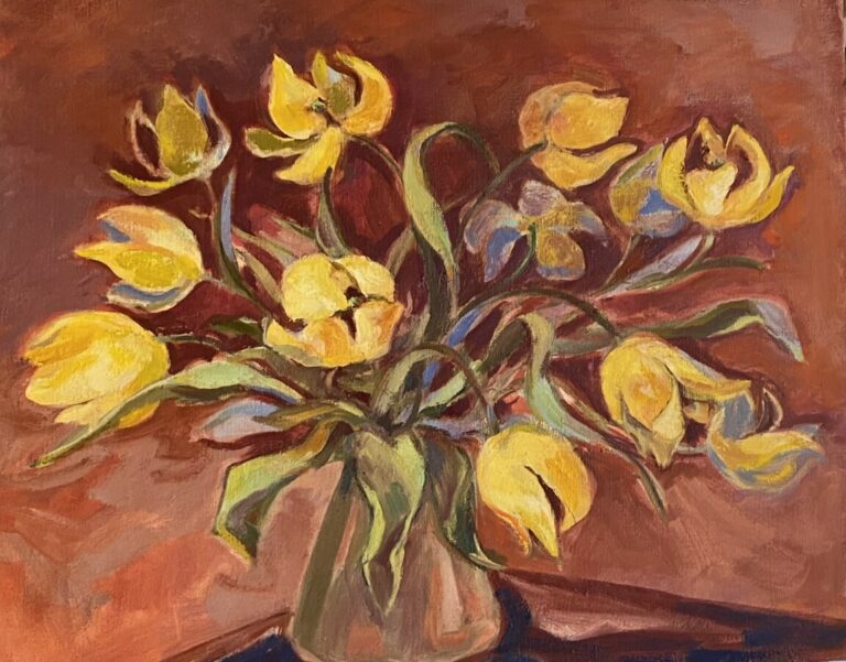 Bouquet de fleurs dans un vase - Huile sur toile, - 54 x 65 cm
