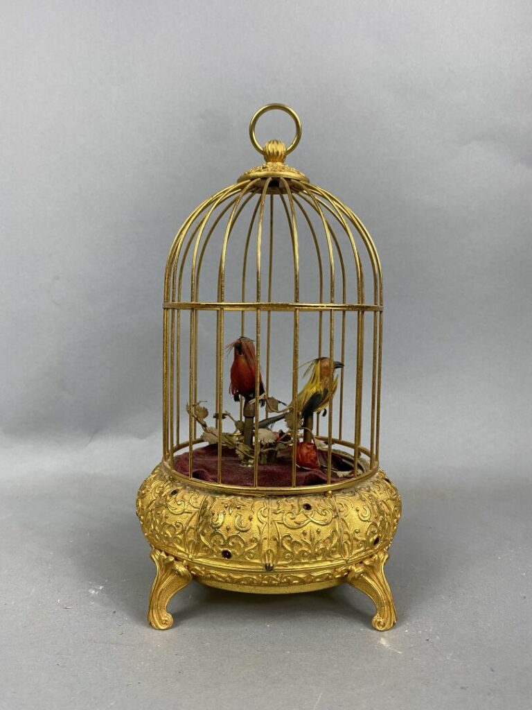Cage automate à oiseaux siffleurs en métal doré ponctué de petits cabochons rou…