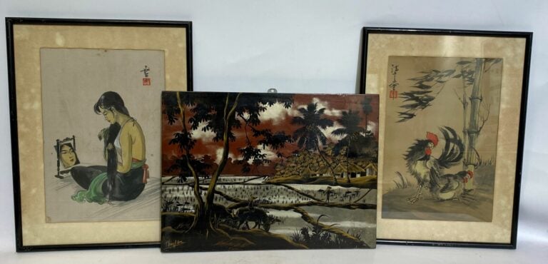 CHINE et VIETNAM, XXe siècle - Ensemble de deux peintures sur soie représentant…