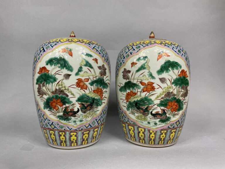 CHINE - Paire de potiches couvertes en porcelaine à décor de paons d'un côté et…