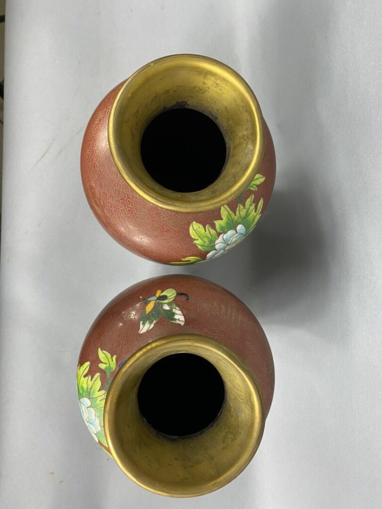 CHINE - Paire de vases balustre en émaux cloisonnés à décor de pivoines et papi…