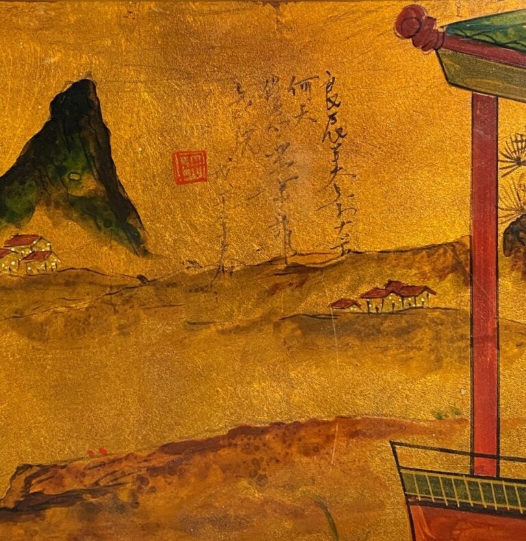 CHINE - Panneau en bois laqué - Femmes dans un paysage - Signé en haut à droite…