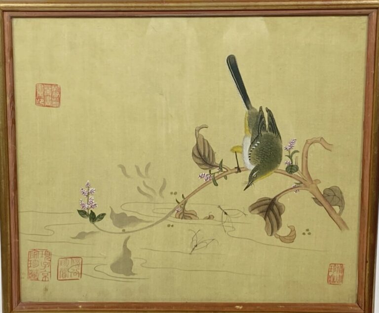CHINE. Peinture sur papier "fleurs de pivoines", et deux peintures sur soie "oi…