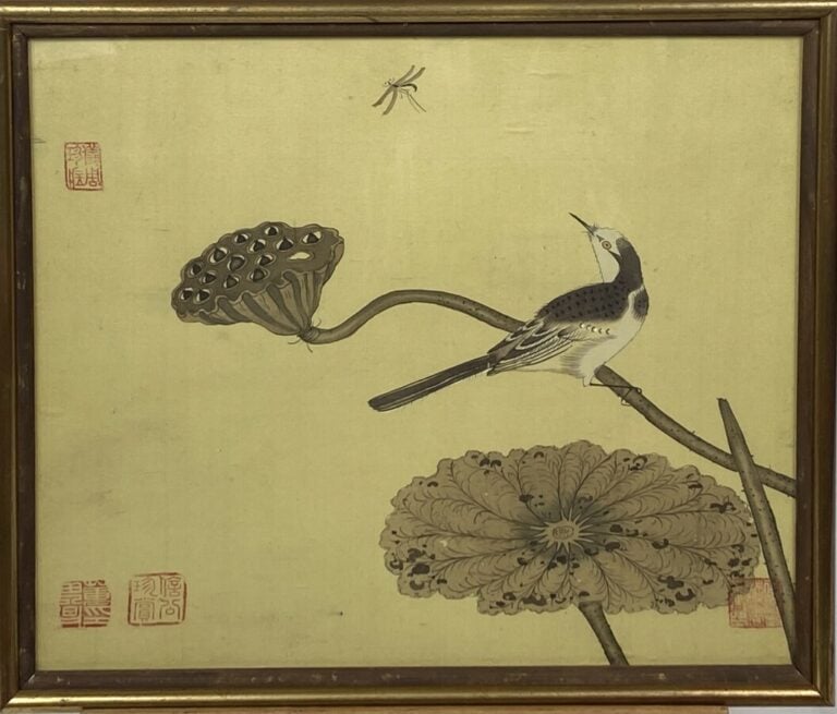 CHINE. Peinture sur papier "fleurs de pivoines", et deux peintures sur soie "oi…