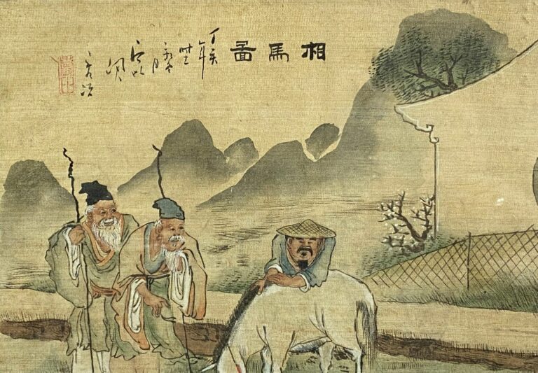 CHINE - Peinture sur tissu représenant deux vieillard et un paysan au champ - C…