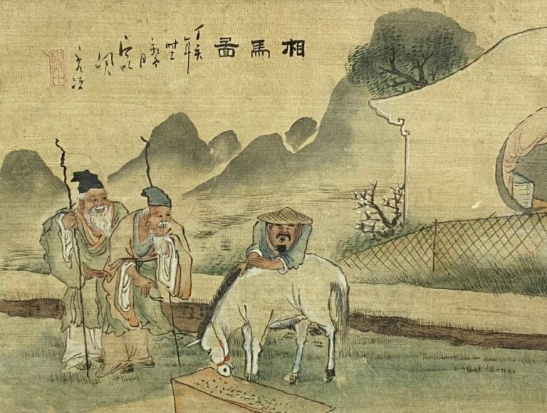 CHINE - Peinture sur tissu représenant deux vieillard et un paysan au champ - C…