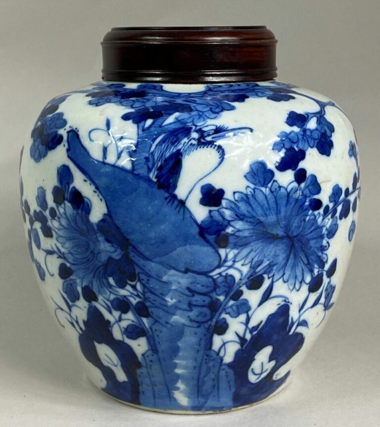 CHINE - Pot à gingembre en porcelaine craquelée bleu blanc à décor de branchage…