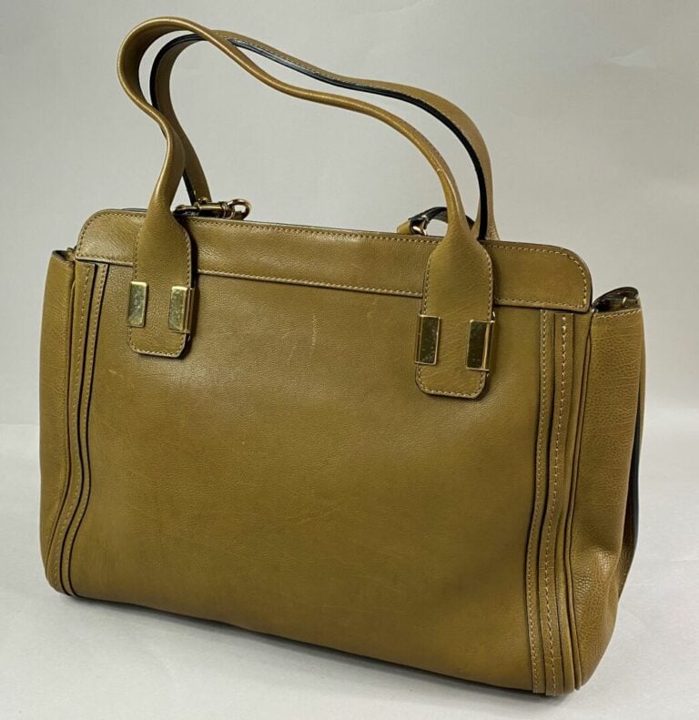 CHLOE - Sac en cuir grainé kaki, double poignées et anse bandoulière, poche pla…